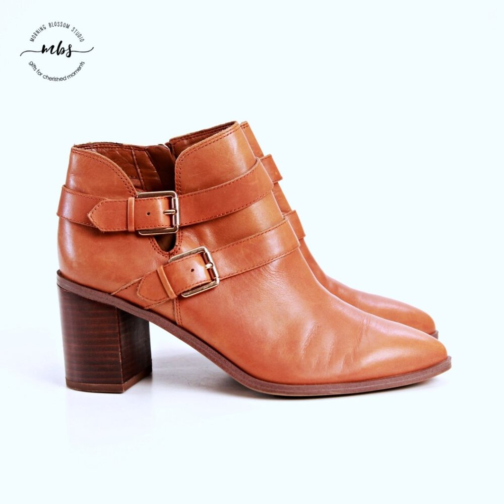 Franco Sarto Buck Leather Buckle Block Heel Booties Tan Gold Women 8.5
